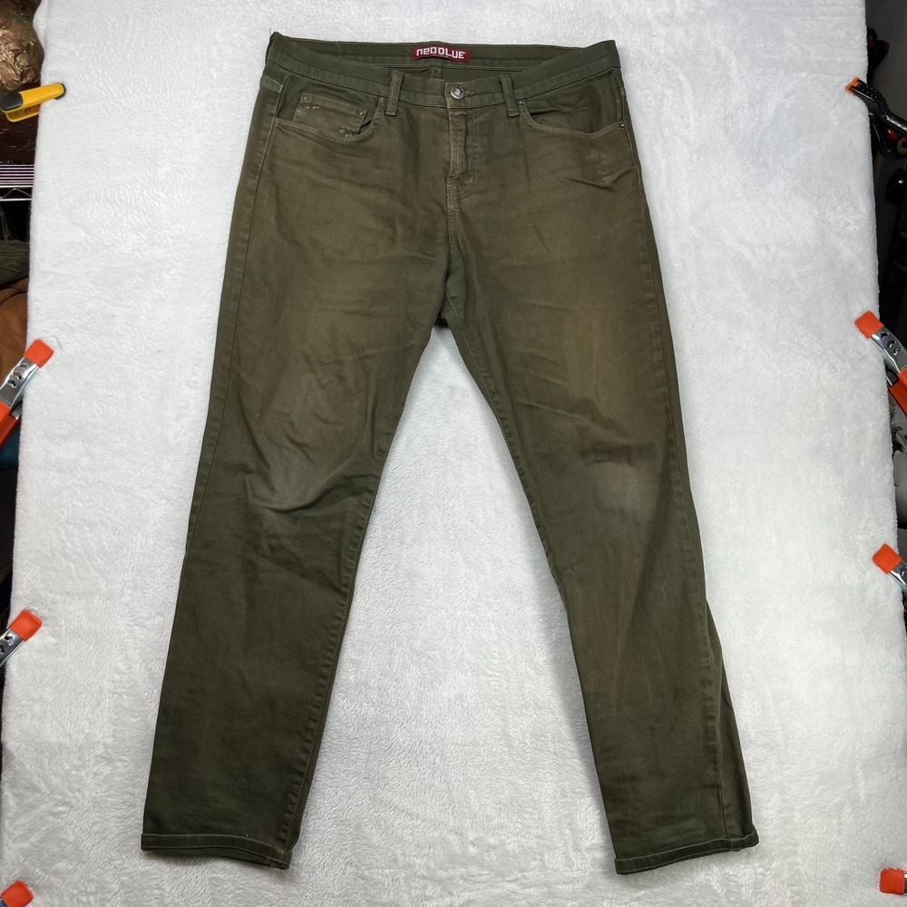 Neo Blue Jeans Men's‎ Olive Green Denim Stretch Straight Fit USA Made - 36X29